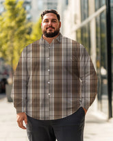 Chemise à manches longues à carreaux marron pour hommes, grande taille, chemise boutonnée